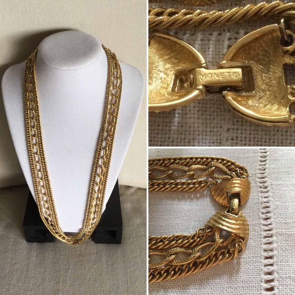 Monet Vintage Triple Str Goldtone Chain Necklace